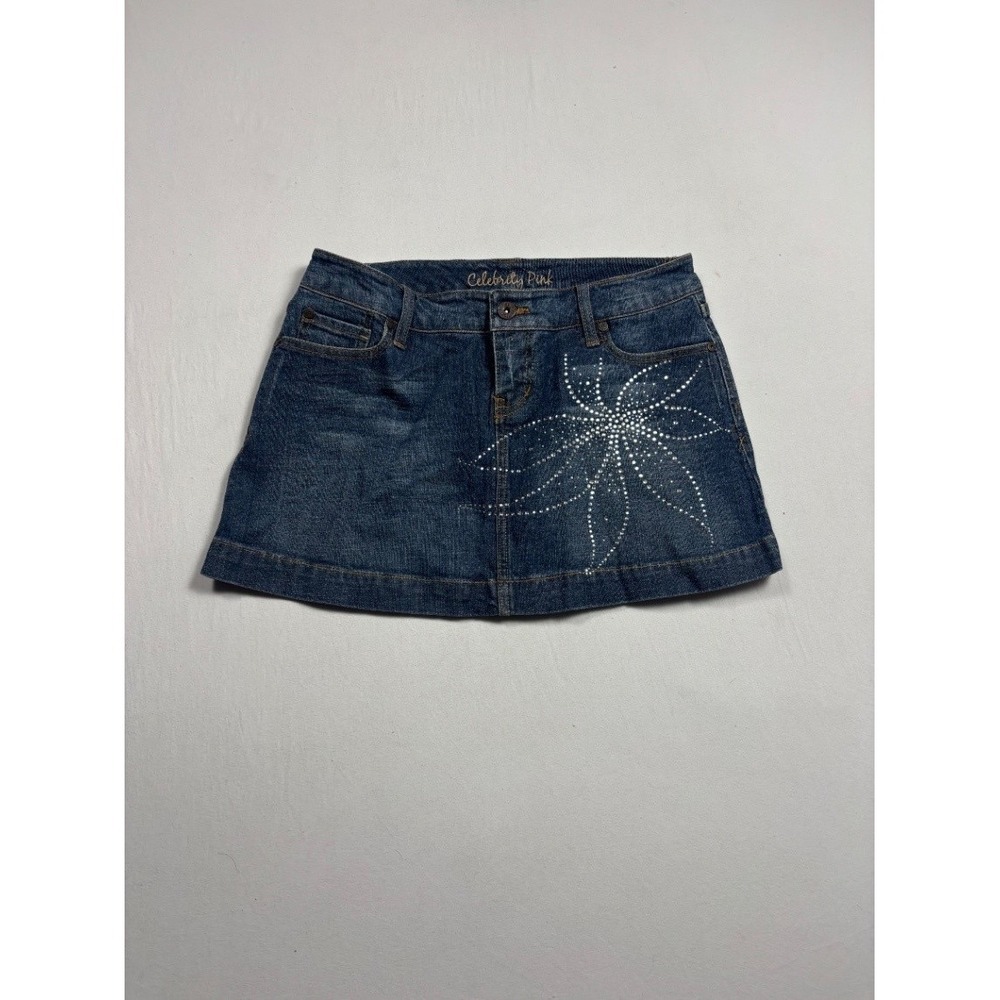 Celebrity Pink Women's Denim Mini Skirt Size 6 Blue Rhinestone Stretch